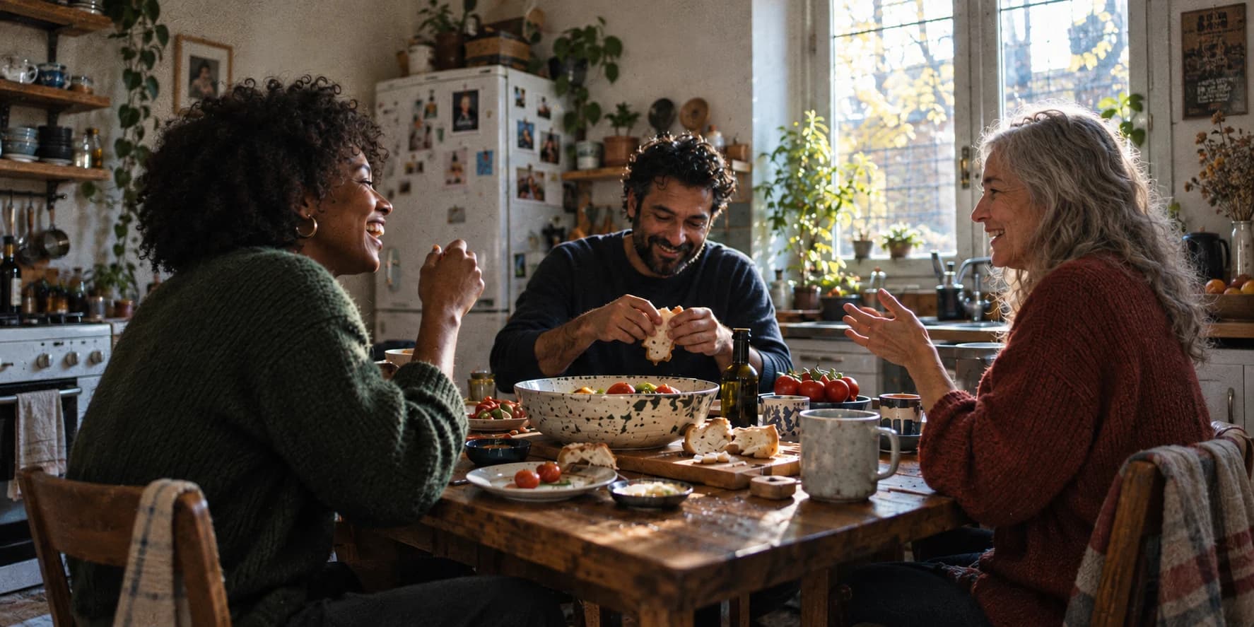 Friends of different generations sharing lunch and conversation around a kitchen table.
