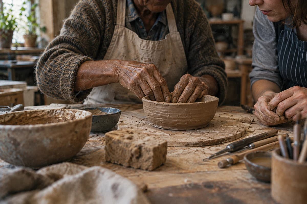 Uma pessoa mais velha modelando argila ao lado de outra em uma mesa de cerâmica.