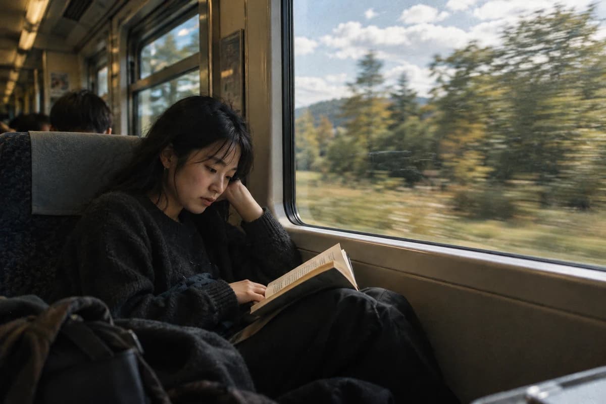 A woman enjoying a quiet chapter beside a train window.