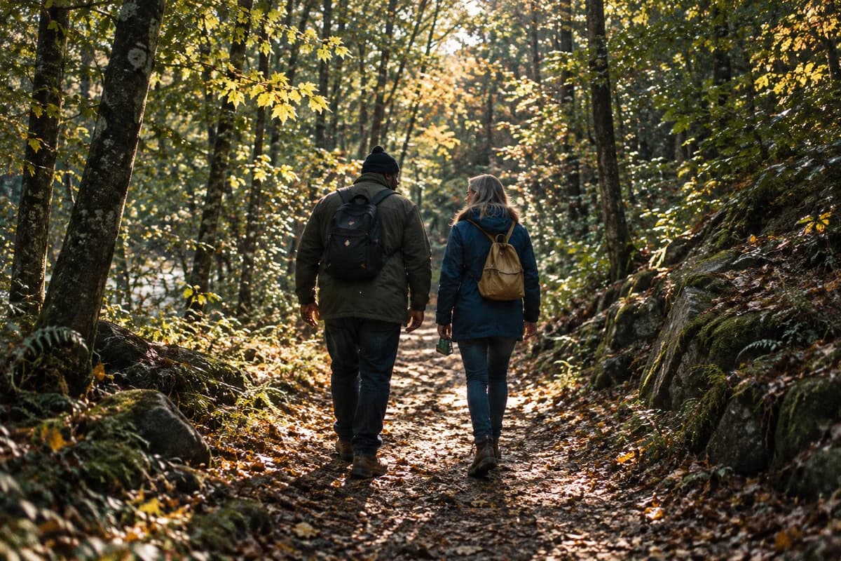 Two friends taking a walk together along a wooded path.